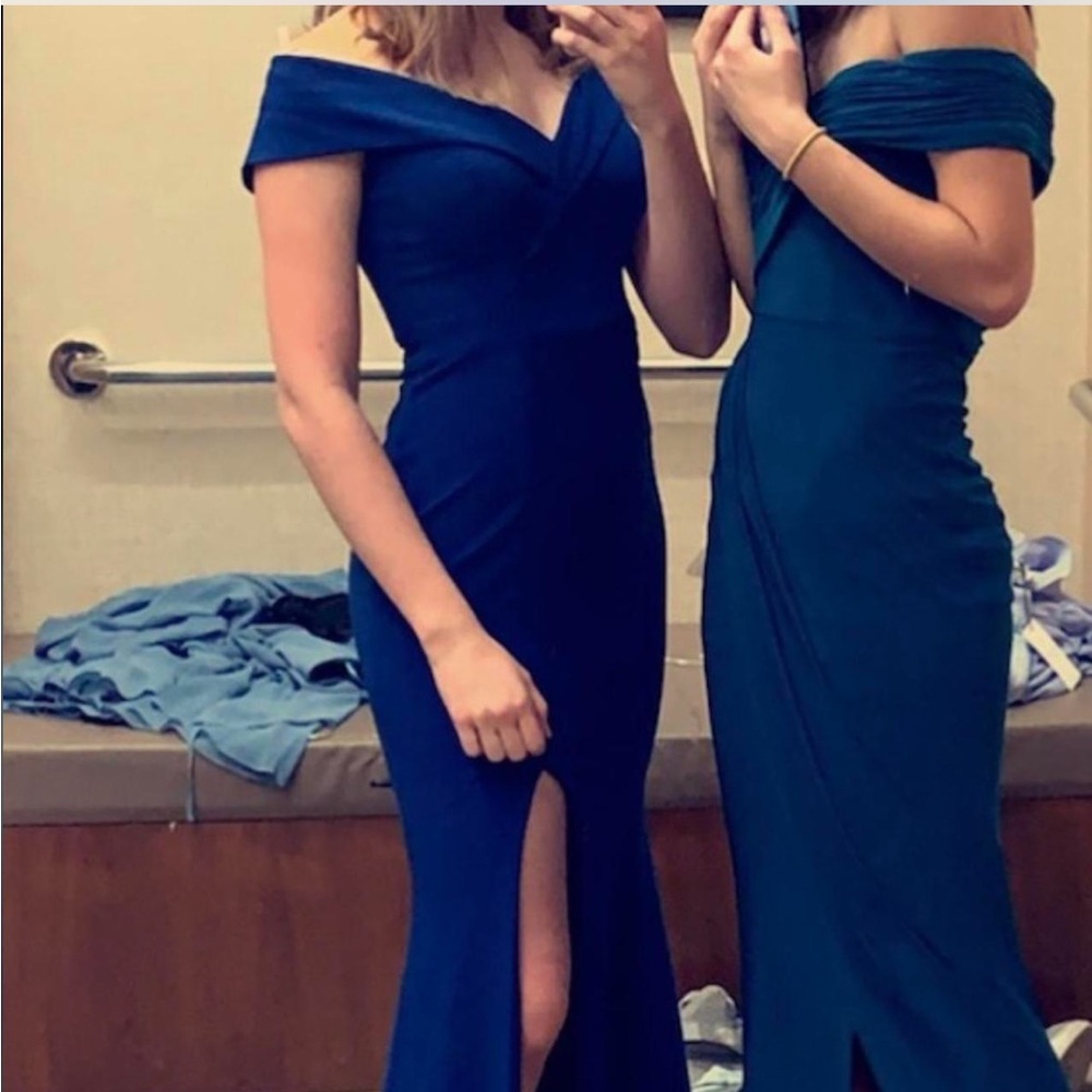 Exclusive Aqua Off-The-Shoulder Gown